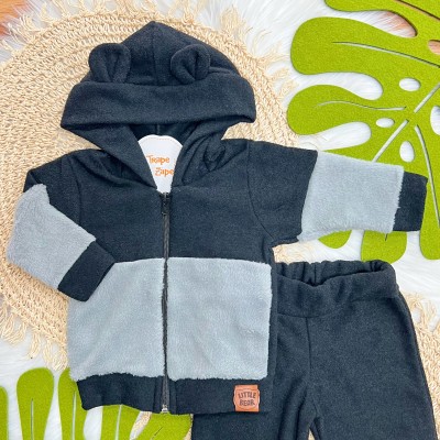 Conj. Jaqueta com Capuz Little Bear e Calça Boucle - Preto e Cinza